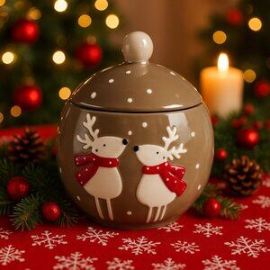 Thompson Ferrier Reindeer Christmas Holiday Ceramic Scented Candle Jar w/Lid